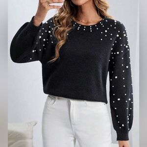 ENDLESS BLU BOUTIQUE Pearl Beaded Knit Sweater - Black